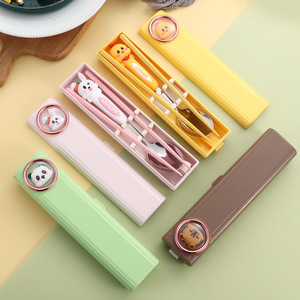 304 Stainless Steel Portable Children's Spoon & Chopsticks Set, Cartoon Student Tableware with <b>Storage</b> Box, Outdoor Travel Kit - Product Image 1