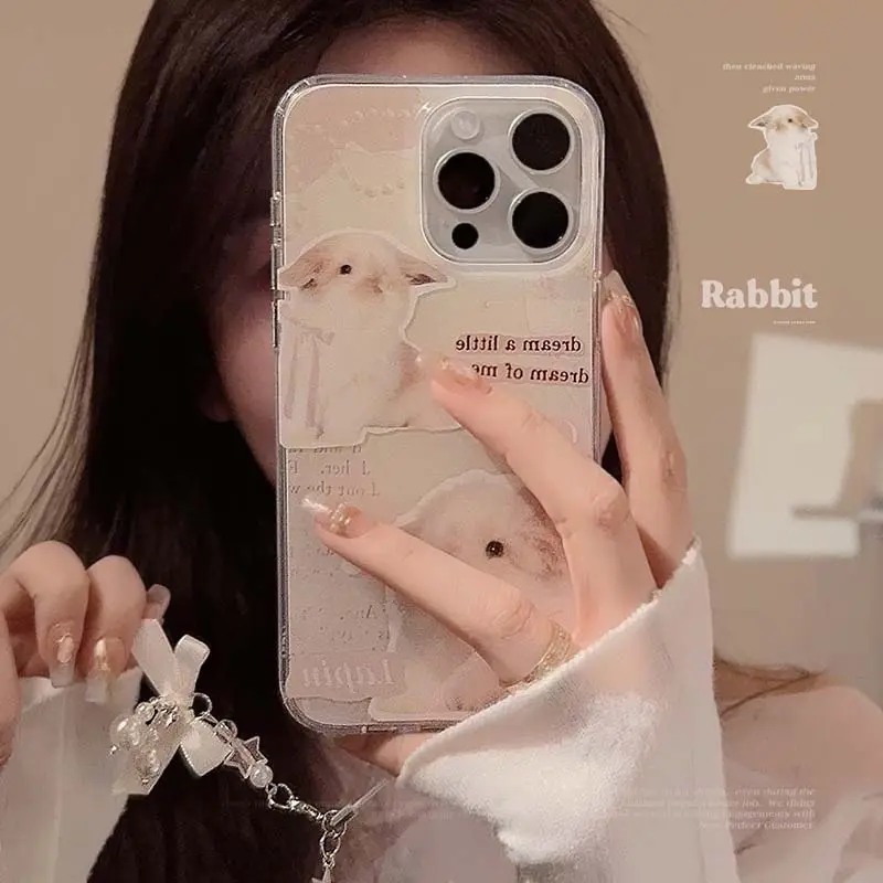 Sweet Rabbit Pearl Chain Style Double Deck IMD Design Soft TPU Funda trasera para teléfono móvil para Iphone 12 13 14 15 Pro Max