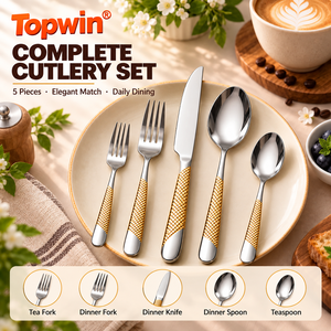 ชุดช้อนส้อมหรูหราสีเงินยาวขายดี ดีไซน์ลายตอกทอง - Product Image 5