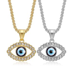 Collier pendentif Hip Hop Evil Eye en acier inoxydable plaqué or et argent avec incrustation de strass, bijou unisexe, cadeau - Product Image 1