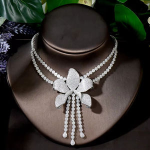 HIBRIDE elegante <span class=keywords><strong>2</strong></span> capas gran flor larga collar y pendientes conjunto Dubai Nigeria CZ cristal boda joyería conjunto para mujer - Product Image 4
