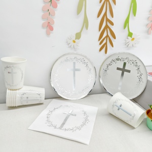 DAMAI - Vajilla Desechable para Fiesta de Bautizo Cristiano, Plato con Cruz Plateada y Corona de Olivas, Platos de Papel, Vasos, Servilletas - Product Image 1
