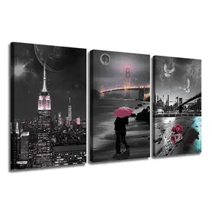 Original Art OEM&ODM Hot Selling 3pcs Custom Oil Painting on Canvas Printed Scenery City for Wall Decoration