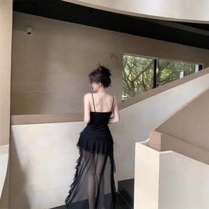 French Style Ruffled Asymmetric Slip Dress Spaghetti Strap Natural Waist Beach Party Casual Short Summer Dress - Product Image 4