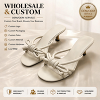 Sandales à talons hauts à bout carré personnalisées en gros, avec nœud blanc et fines brides décoratives, couleur personnalisée, chaussures pour femmes