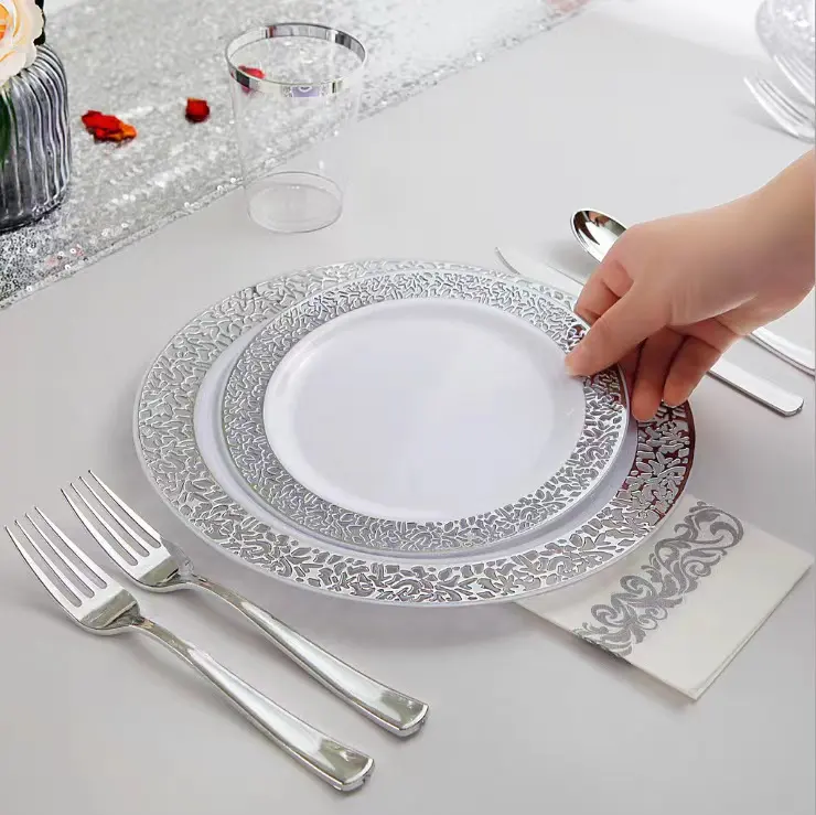 disposable plate gold/rose/silver hot stamp plastic dinnerware set 25 sets with marble