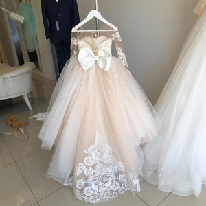 Vestido de Princesa con Tutú para Niñas, Vestido de Dama de Honor para Bodas, Estilo Europeo Americano, Vestido de Encaje con Cola para Niña Pequeña, Color Beige Champán - Product Image 3