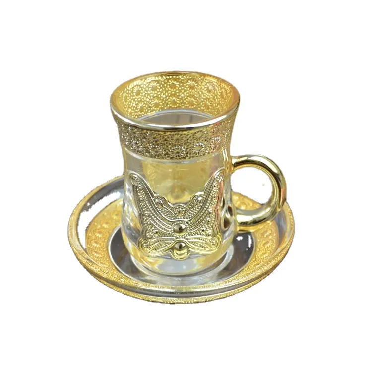 ट्यूलिप डिजाइन सोने की चांदी की प्लेटेड टर्किश चाय ग्लास सेट कप और सॉचुनर कॉफी के साथ ग्वार मग सेट करता है।