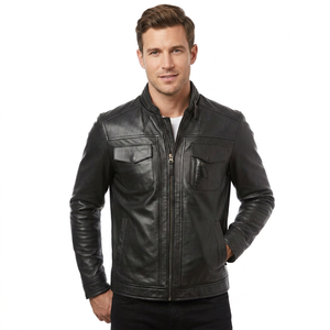 Chaqueta de Cuero Genuino Negra para Hombre, Corte Ajustado, Estilo Motero, Cafe Racer, con Bolsillo con Solapa en el Pecho, Personalizada, Clásica, para Invierno - Product Image 1