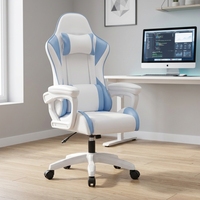 Chaise de jeu blanche et bleue pivotante pour ordinateur, siège de bureau à dossier haut avec accoudoirs rembourrés et inclinables pour la maison