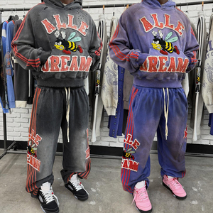 Ensemble sweat-shirt et pantalon pour homme KINGSEN de haute qualité, broderie personnalisée, sweat-shirt à capuche et pantalon, ensemble deux pièces délavé à l'acide - Product Image 1