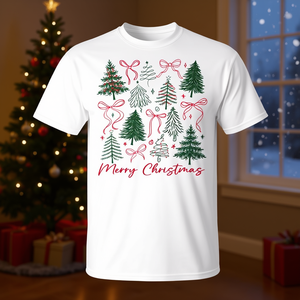 T-shirt avec nœud en forme de sapin de Noël, design rose et vert, chemise de fête pour femme - Product Image 3