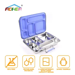 Aohea 5 Compartment Original Stainless Steel Bento Lunch Box Snack Kids Logo Custom Bento Lunch Box