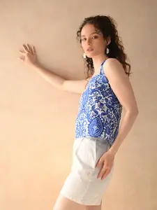 Top de verano con estampado de algodón tejido y cuello en V para mujer de Azure Breeze con función de secado rápido correas de amarre ajustables estilo ELEGANTE - Product Image 4