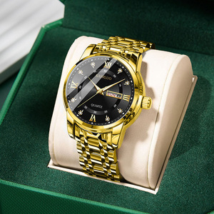 Business Mens Wristwatch Roman Numeral Dial Double Calendar Gold Metal Strap - Product Image 1