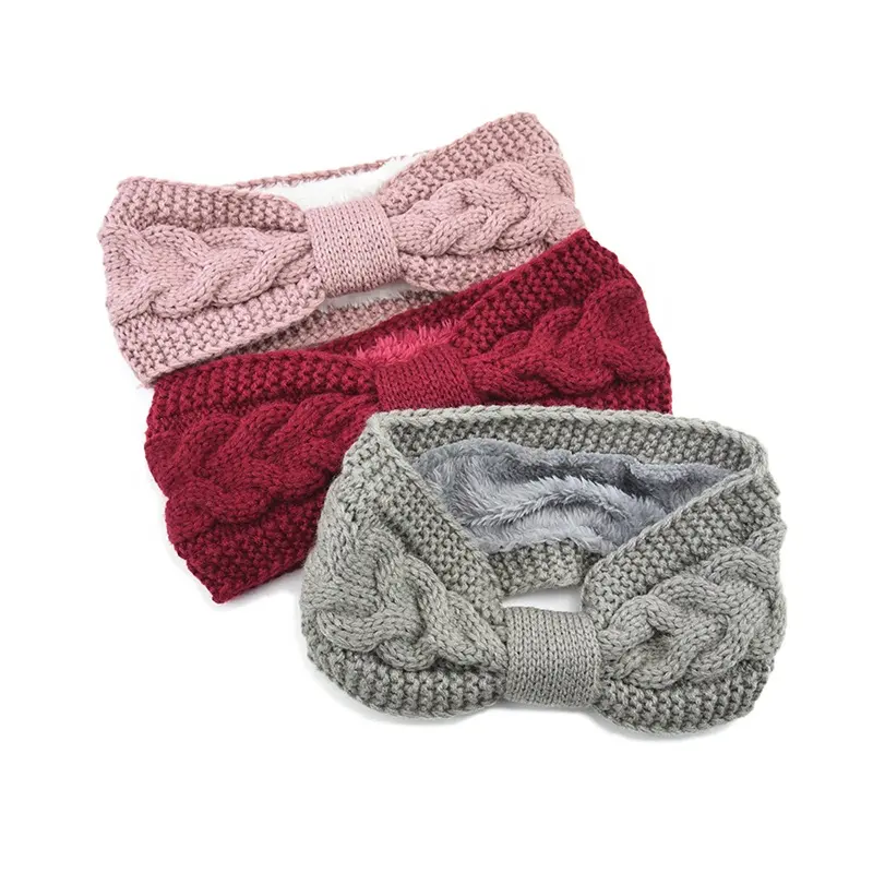 Add velvet knitting wool hairband  twist bow hairband headband  winter sports warm earmuffs.