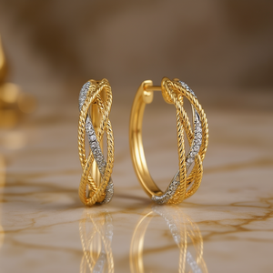 Pendientes de Aro Dorados de Dos Tonos con Incrustaciones de Diamantes para Mujer, Uso Diario - Product Image 2