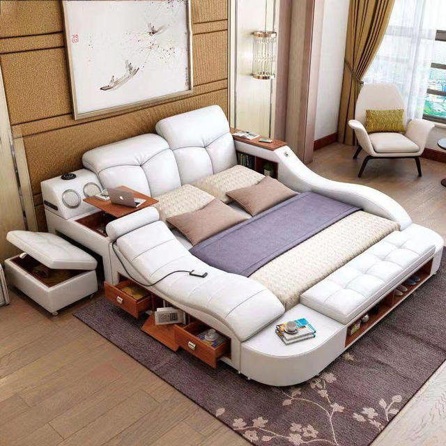 Champagne Queen and King Size Leather Multi Functional Speaker Bed with Massage