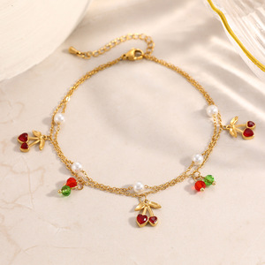 สร้อยข้อเท้าสแตนเลสสตีลสองชั้นประดับมุกเชอร์รี่ชุบทอง 18k เครื่องประดับเท้าสำหรับผู้หญิง - Product Image 3