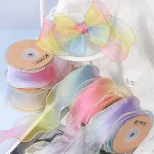 Nuevo estilo 50MM Rainbow Gradient Color Golden Wired Edge Poliéster Organza Ribbon