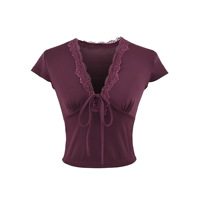 2026 Top court sexy pour femme, col en V, avec dentelle, à nouer devant, manches courtes, style Y2K vintage, buste froncé, esthétique Coquette