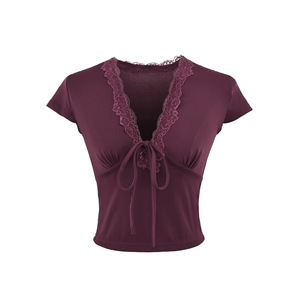 Top Corto Sexy para <span class=keywords><strong>Mujer</strong></span> 2026 con Encaje, Cuello en V, Lazo Frontal, Estilo Y2K Vintage, Manga Corta, Busto Fruncido, Camiseta Coquette Estética - Product Image 2