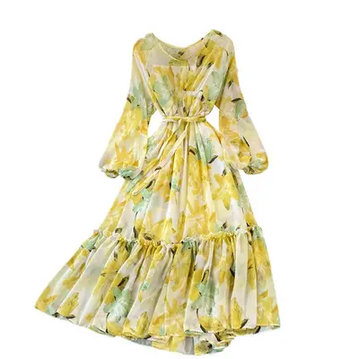 2022 New Spring Floral Print Chiffon Dress Women Long Sleeve V-neck Bandage Elegant Dress Autumn A-line Party Dresses