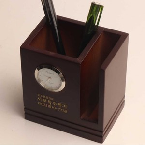 Porte-stylos carré en bois massif, minimaliste, avec horloge, impression UV, élégant, pour bureau, papeterie, boîte de rangement, cadeau personnel - Product Image 3