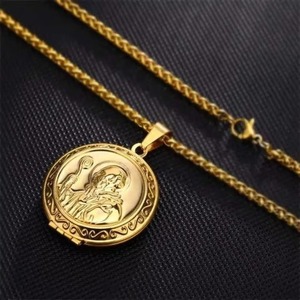 Colgante Vintage de la medalla de <span class=keywords><strong>San</strong></span> <span class=keywords><strong>Benito</strong></span>, colgante de acero inoxidable dorado de Jesús, puede abrir marco de fotos, colgantes y collares para joyería religiosa - Product Image 3