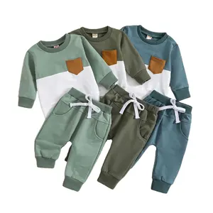 Atacado terno infantil outono inverno cor combinando com gola redonda suéter de manga comprida calças 2 peças conjunto de roupas para meninos