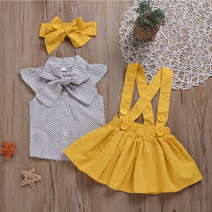 Toddler <b>Baby</b> Girl Clothes Casual Polyester/Cotton Flutter Short Sleeve Bowknot Shirt Overall Skirt <b>Headbands</b> 3pcs Outfits Set - Product Image 3