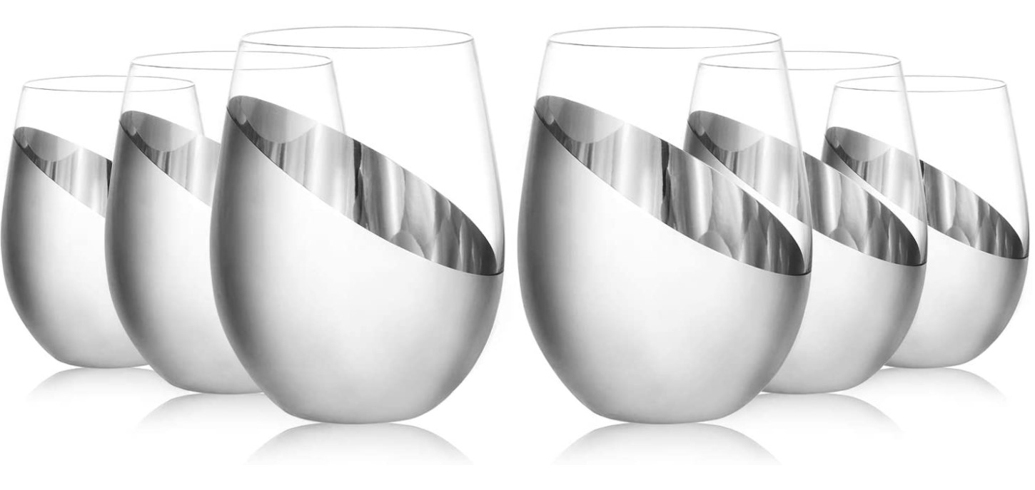 Tilted Silver Tone Metallic Stemless Wine Glasses, Beverage Drinkware Tumbler Cups, Set of 6