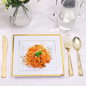 Aangepaste Nieuwe Elegante Vierkante Rose Goud Wit Diner Plaat Plastic Plaat Set