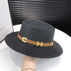 Chapeau de soleil d'<span class=keywords><strong>été</strong></span> à large bord en paille avec ceinture, style boater, chapeau de plage Panama à calotte plate pour <span class=keywords><strong>femme</strong></span> - Product Image 4
