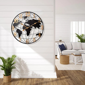 Horloge murale analogique à quartz de 60 cm avec globe terrestre et <span class=keywords><strong>carte</strong></span> du monde, style antique et motif nature morte, en fer, pour salon - Product Image 4