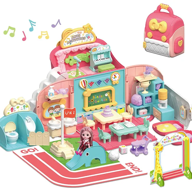 Girls doll house playset pretend play toy interesting doll house family with portable backpack and accessories