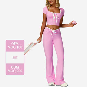 Tz2017 Yoga 2 pezzi set di colore contrasto manica corta Top Cropped con fascia per capelli a forma di V in vita a forma di abbigliamento da palestra all'aperto - Product Image 3
