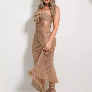 เดรสคลุมชายหาดสไตล์โบฮีเมียนสำหรับฤดูร้อน ผ้าฝ้าย 100% สำหรับผู้หญิง ทรงยาว คอ halter ลายดอกไม้ เปิดหลัง ถักนิตติ้ง ไซส์ 5XL ลายเรียบ - Product Image 1