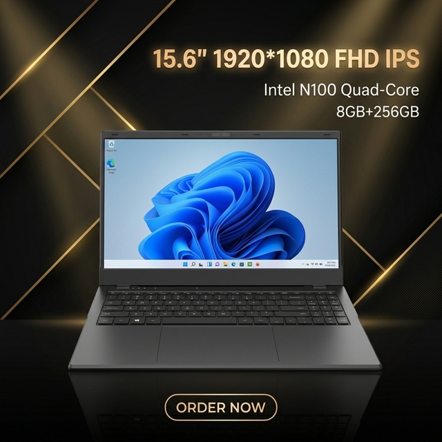 15.6" FHD IPS Laptop Intel N100 Windows 11 Home SSD Dual Fan Cooling for Business Office EU Plug English Keyboard 1-Year