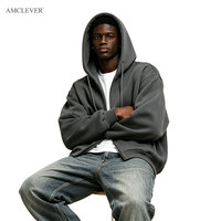 AMCLEVER 350GSM Sweat à capuche zippé de voyage pour homme avec coussin de cou gonflable intégré, couleur unie, coupe oversize