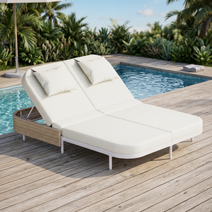 Modern Hotel <b>Outdoor</b> Patio <b>Bench</b> 5-Position Adjustable Backrest Water Resistant Rattan Iron Frame Beige <b>Cushions</b> 2-Seater - Product Image 4