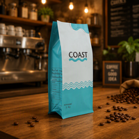 Vente en gros de sacs à café 250g 12oz avec logo personnalisé imprimé, sacs à café en plastique noir à fond plat avec valve et fermeture éclair