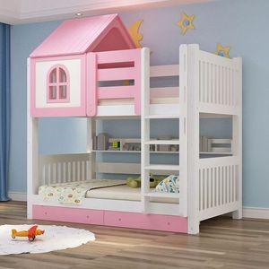 Cama Doble de Madera <span class=keywords><strong>Montessori</strong></span> Simple con Forma de Casa Europea, Literas para Niñas de Dos Niveles - Product Image 4