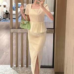 ZYHT 31231 Chic da <span class=keywords><strong>donna</strong></span> abito in tinta unita elegante stile Party manica corta con spacco elegante abbigliamento asiatico negozio Online moda - Product Image 2