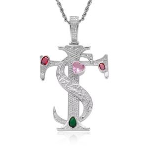 Kalung Liontin Salib Berlapis Emas Kuningan Fashion Bling, Kalung Zirkon Hati Warna-warni Micro-paved, Liontin Rantai Cuban untuk Pria - Product Image 5