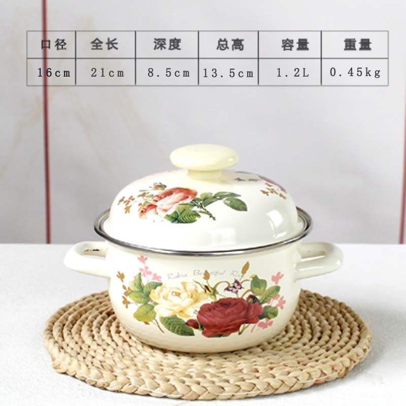 Vasque émaillée à motif rose, 16 cm, avec double poignée.