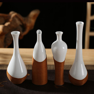 Handmade Porcelain Bamboo Woven Vase Set White Ceramic Floral Arrangement Gift For Friends Asian Zen Style Decor - Product Image 1
