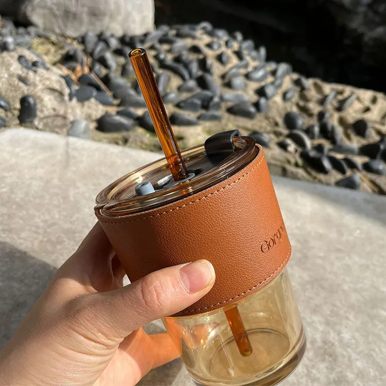 Tasse en verre noir ambré avec couvercle et paille Bocaux en verre de 450ml Tasses à boire avec couvercle et paille