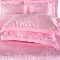 Ensemble de housses de couette en coton naturel satiné rose de luxe avec fleurs organiques damassées et jacquard style américain