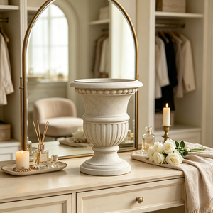 Urne de jardin verticale cannelée style <span class=keywords><strong>romain</strong></span>, pot de fleurs trophée en résine blanc crème texturée, fait main et peint à la main, style vintage - Product Image 2